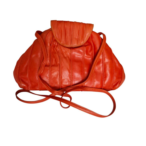 Vtg 80s/90s Sharif 1827 Shoulder Bag Pleated Orange Leather Tassel Metal Accents - Picture 3 of 7